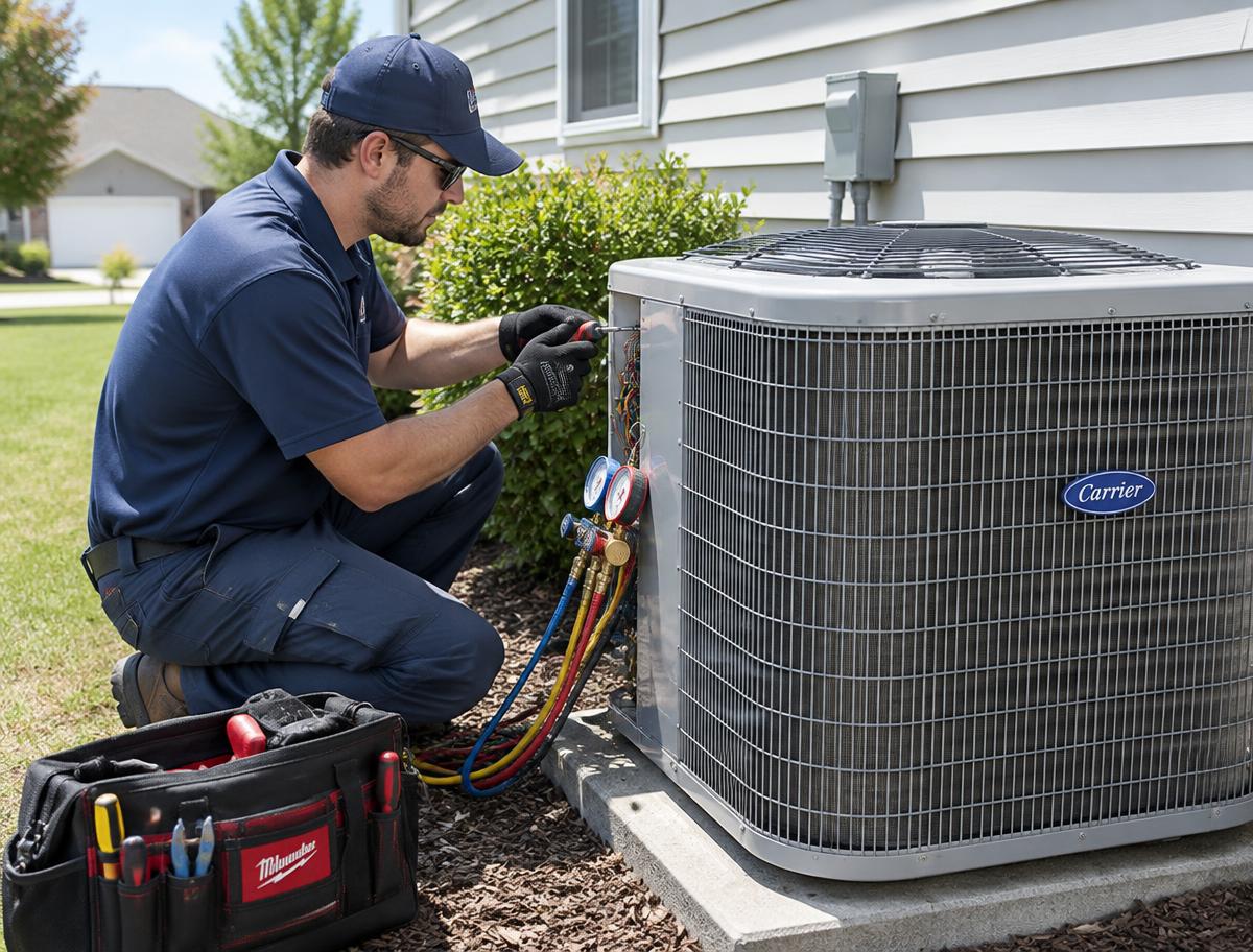 Technician repairing an outdoor air conditioner