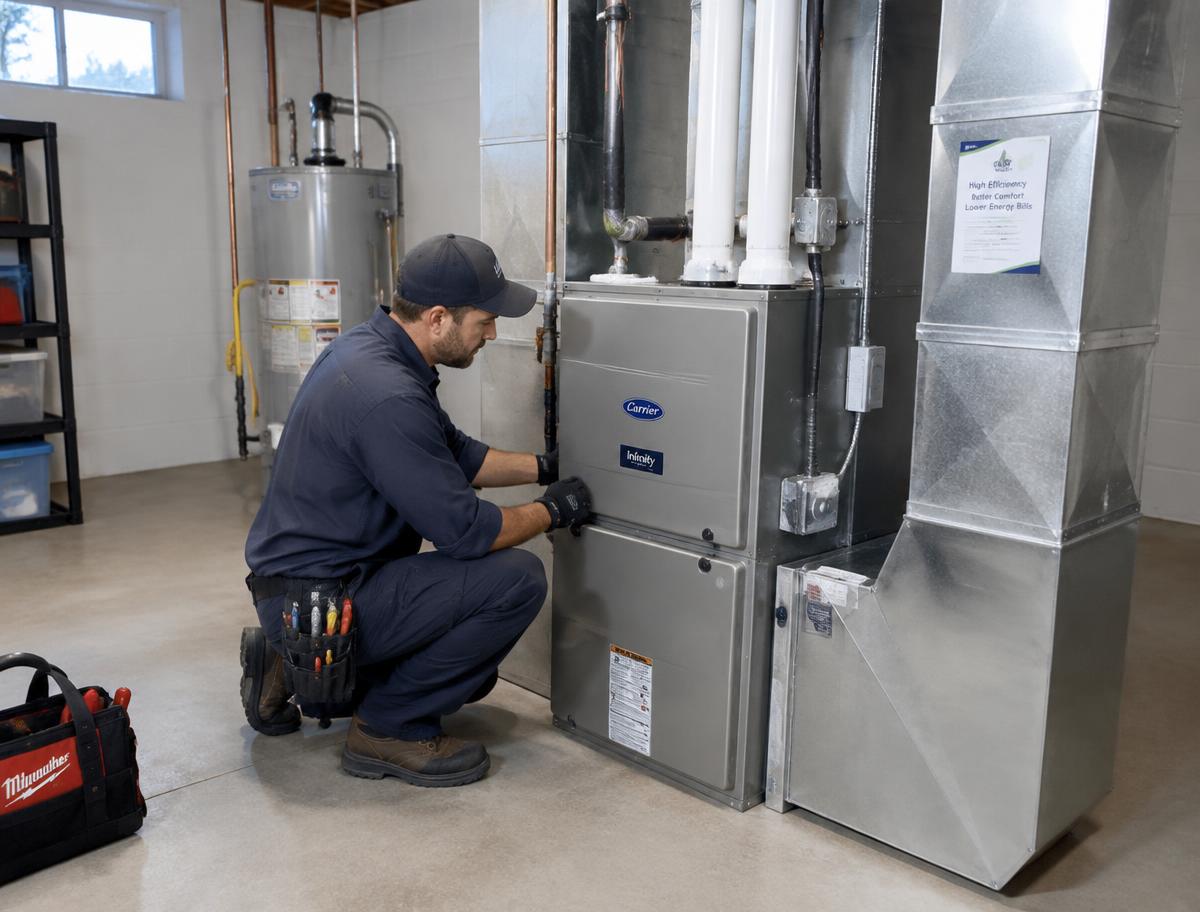 Technician installing a new high-efficiency furnace