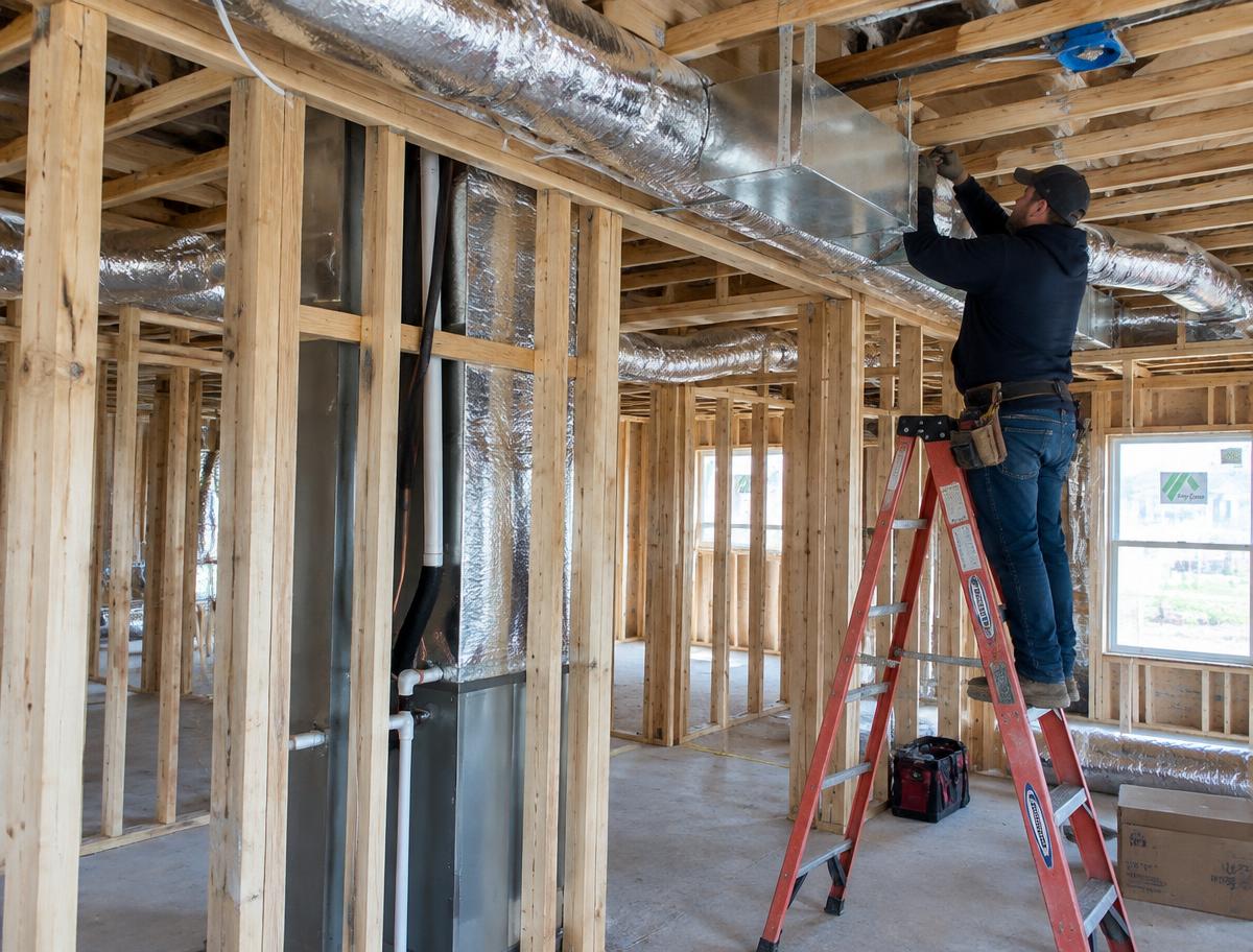 Ductwork being installed in a newly framed home